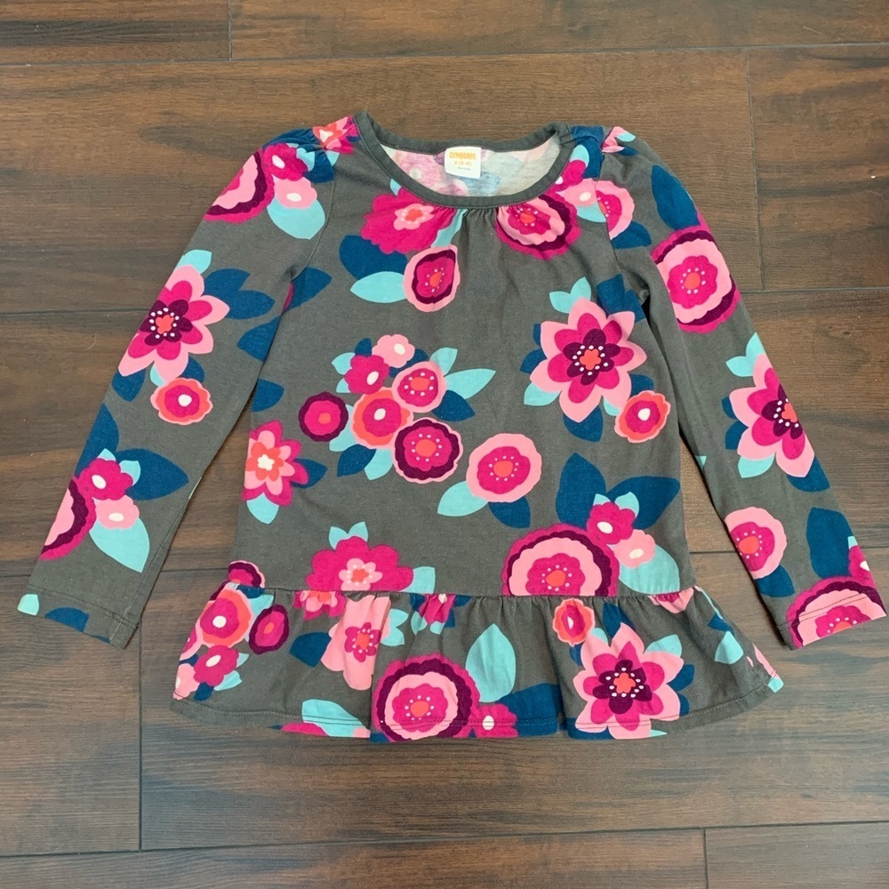 Gymboree Gray Floral Ruffle Bottom Long Sleeve Blouse